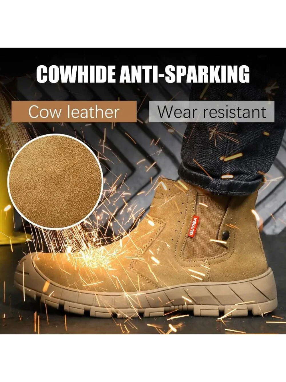 Men's Brown Fireproof Shoes Casual Mid Top Steel Toe Slip On Jobsite Work Boots